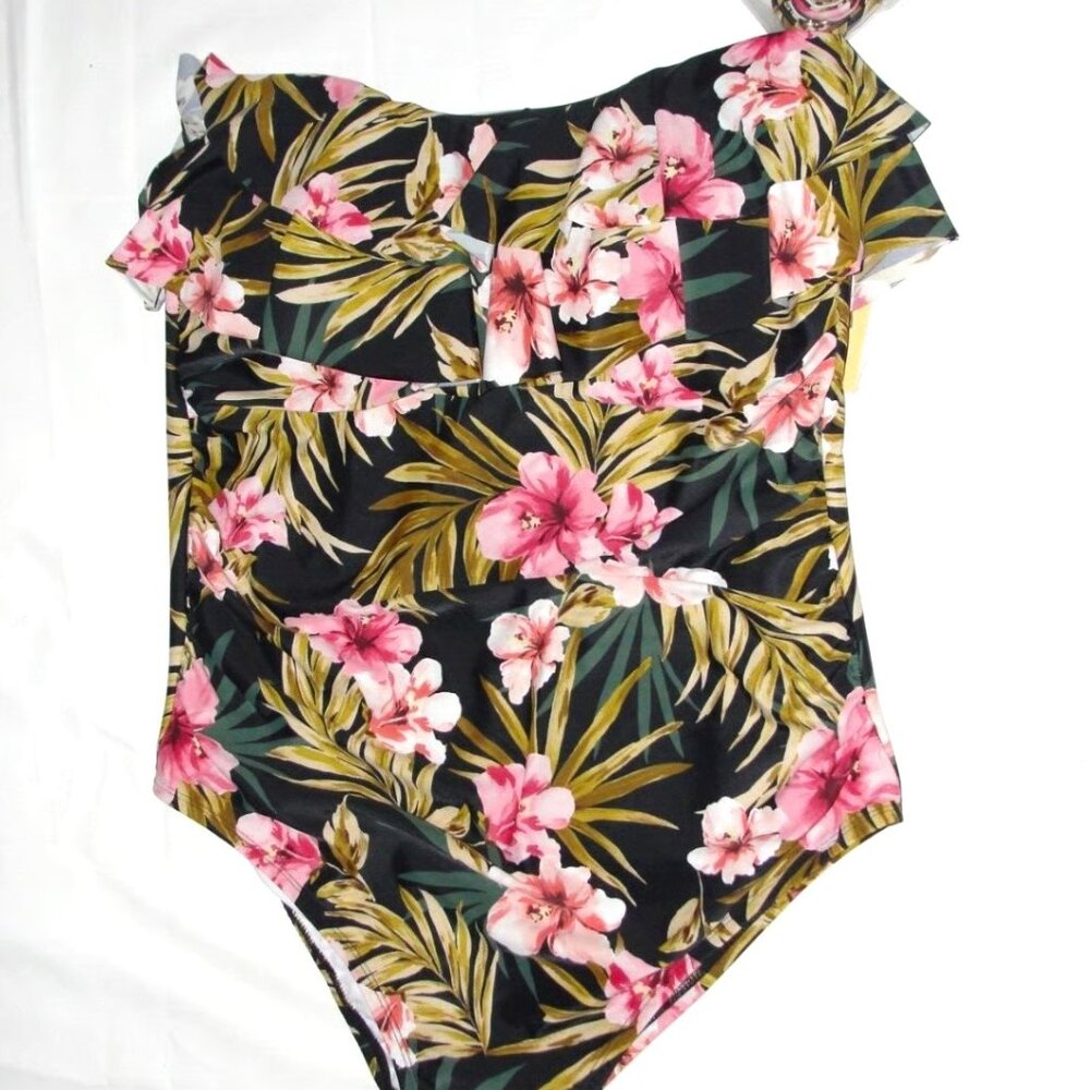 Woman's plus Size 1x 16W Flounce Front High Coverage Floral One-Piece Swimsuit